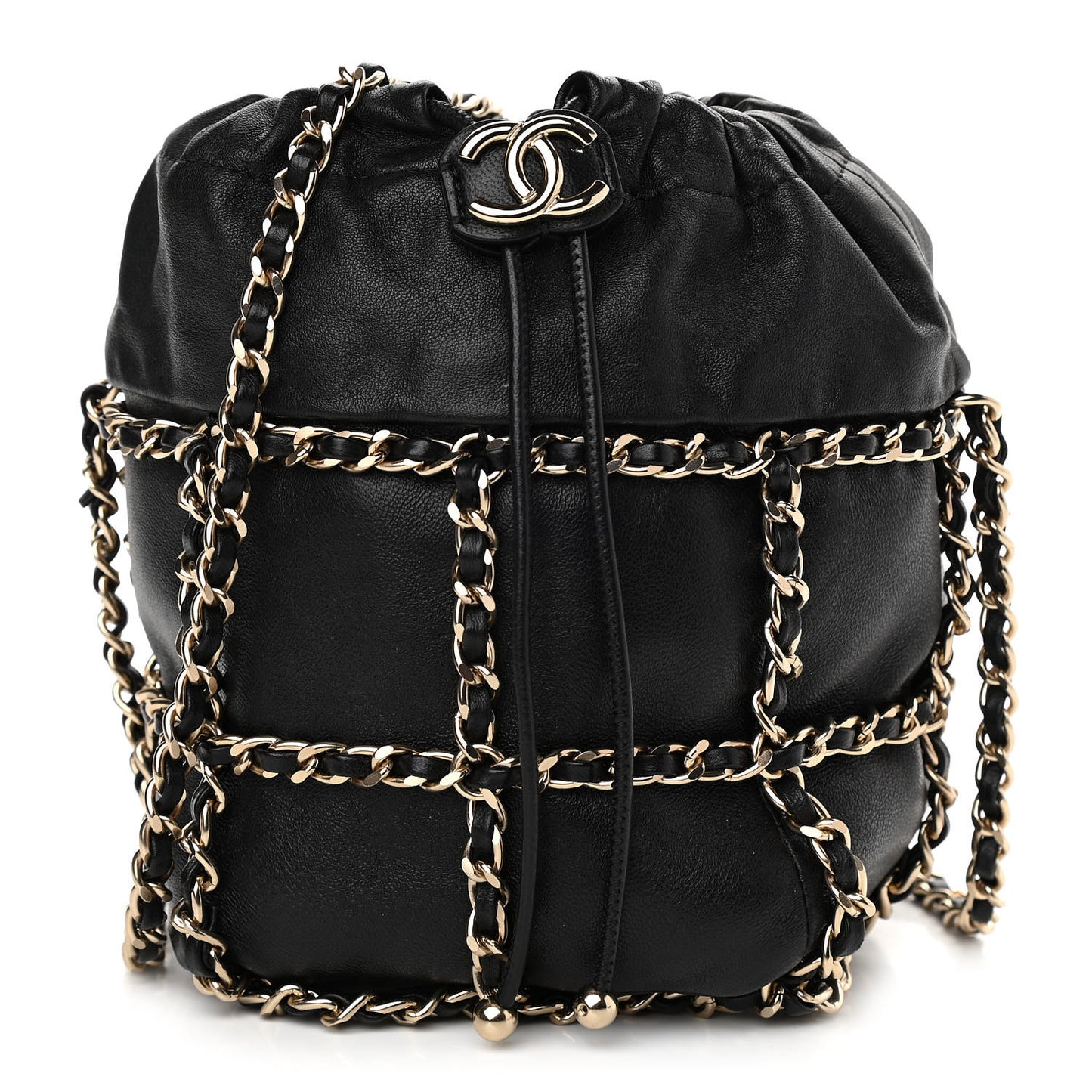 Lambskin Bucket Chain Drawstring Bag Black