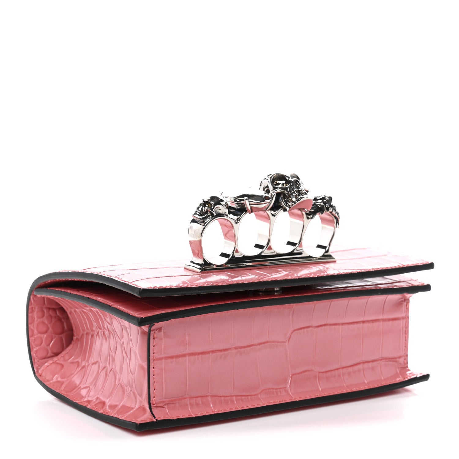 Alexander McQueen Calfskin Crocodile Embossed Mini Jeweled Knuckle Satchel Pink 4 of 10