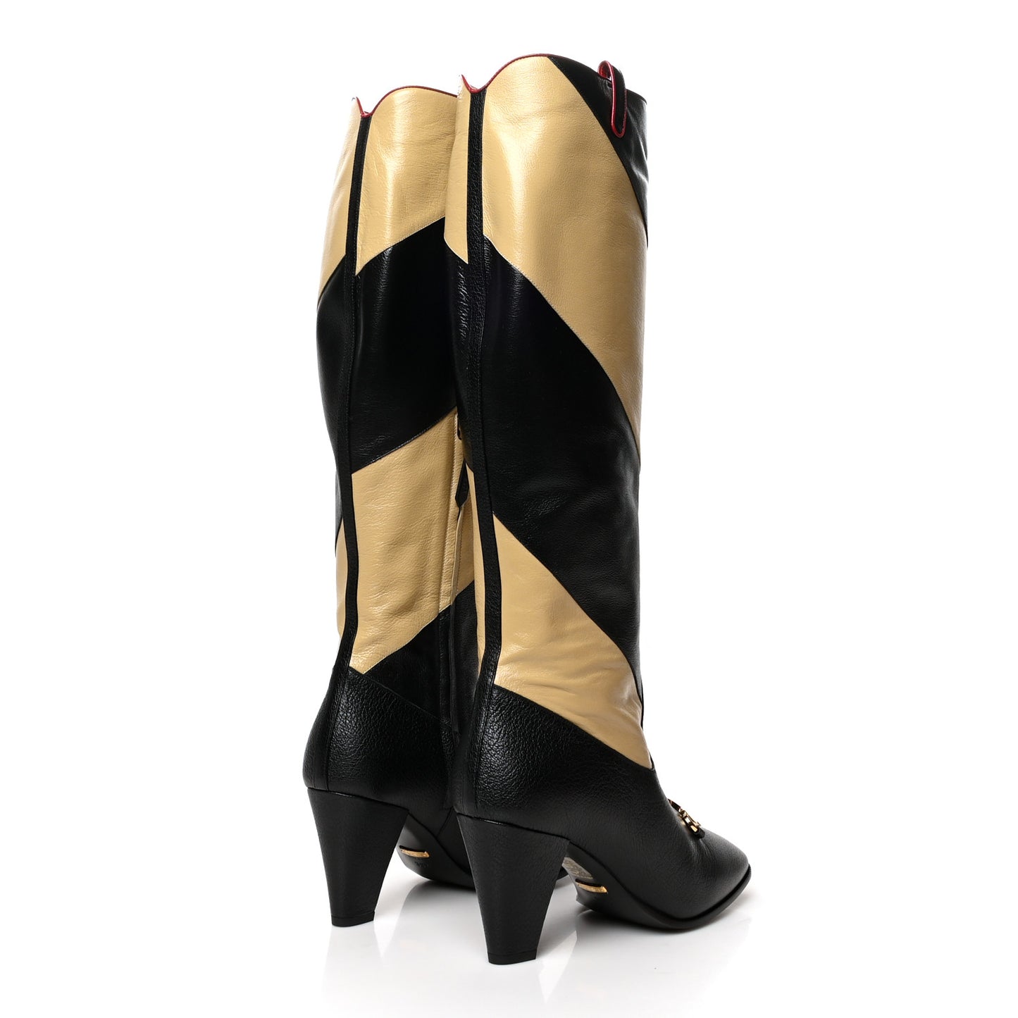 Calfskin Wrinkled Kid Diagonal Striped Zumi Knee Boots 39.5 Black Beige Romantic Cherry