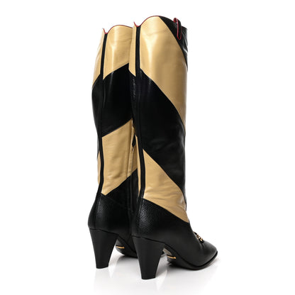 Gucci Calfskin Wrinkled Kid Diagonal Striped Zumi Knee Boots 39.5 Black Beige Romantic Cherry 4 of 7