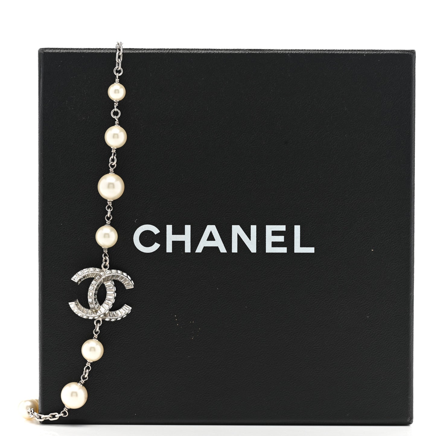 Pearl Crystal Baguette CC Short Necklace Silver