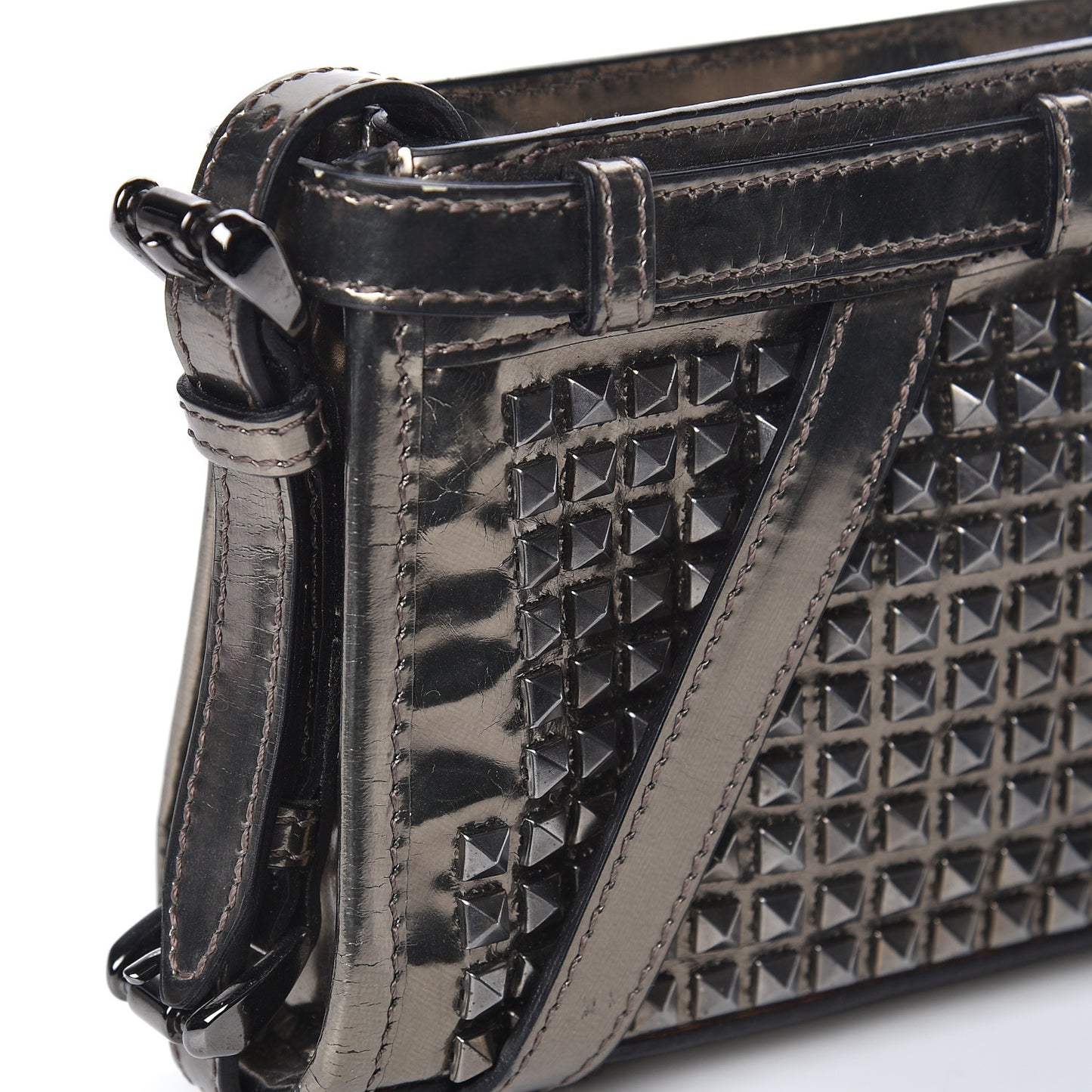 Metallic Patent Studded Wristlet Clutch Pewter