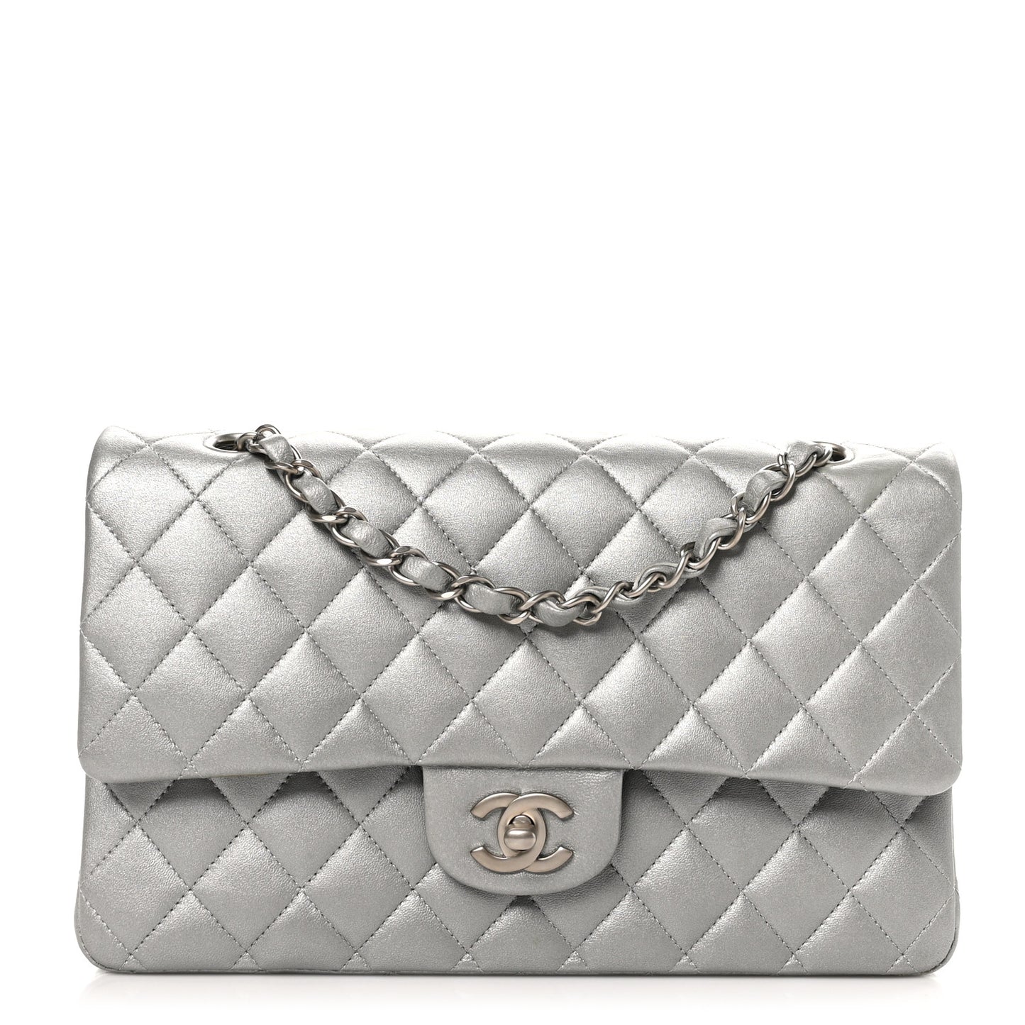 Metallic Lambskin Quilted Medium Double Flap Silver