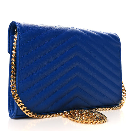 Saint Laurent Grain De Poudre Matelasse Chevron Monogram Chain Wallet Blue Majorelle 3 of 12