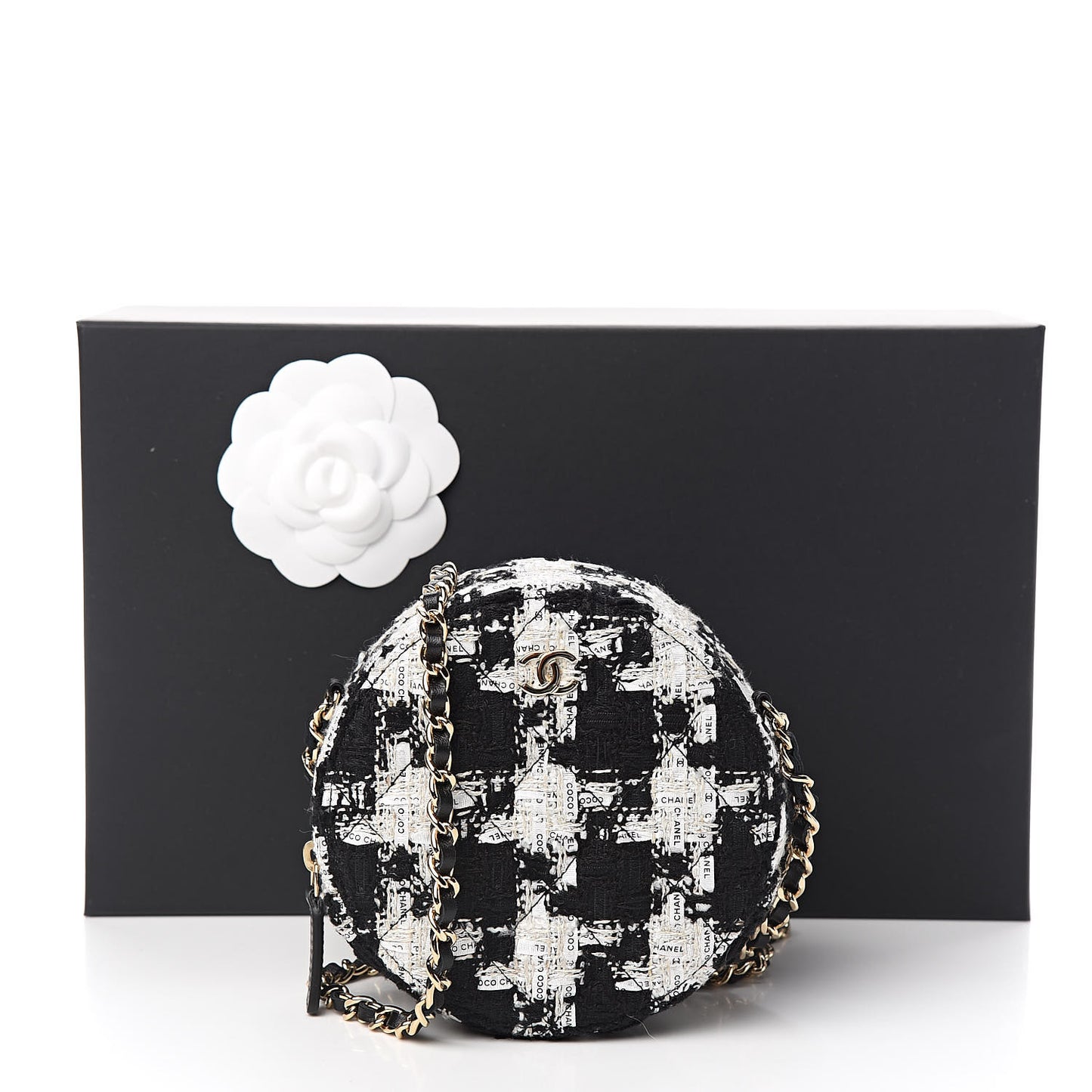 Tweed Round Clutch With Chain Black White
