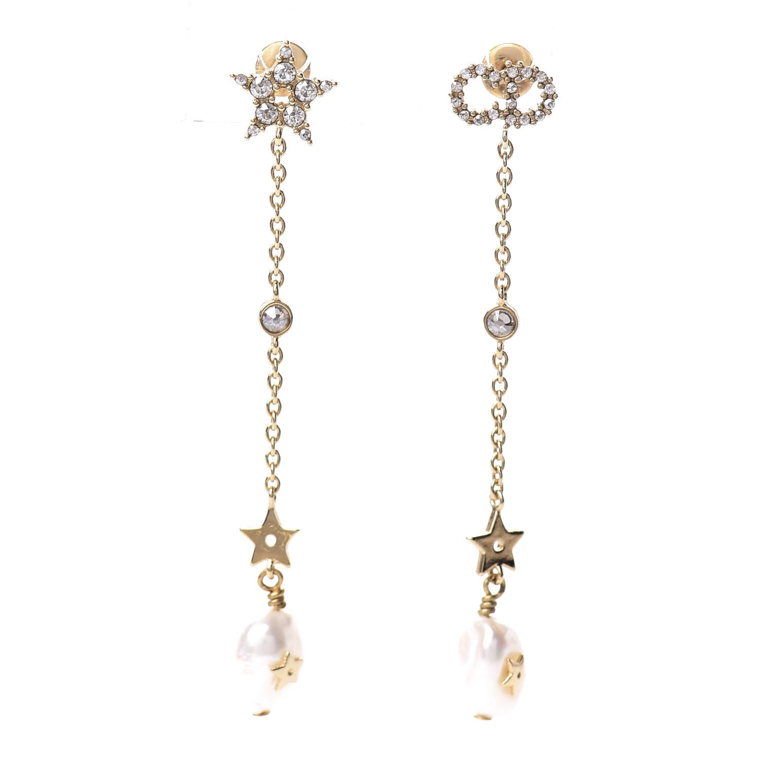 Christian Dior Pearl Crystal Shiny-D Dangle Chain Earrings Gold 1 of 5