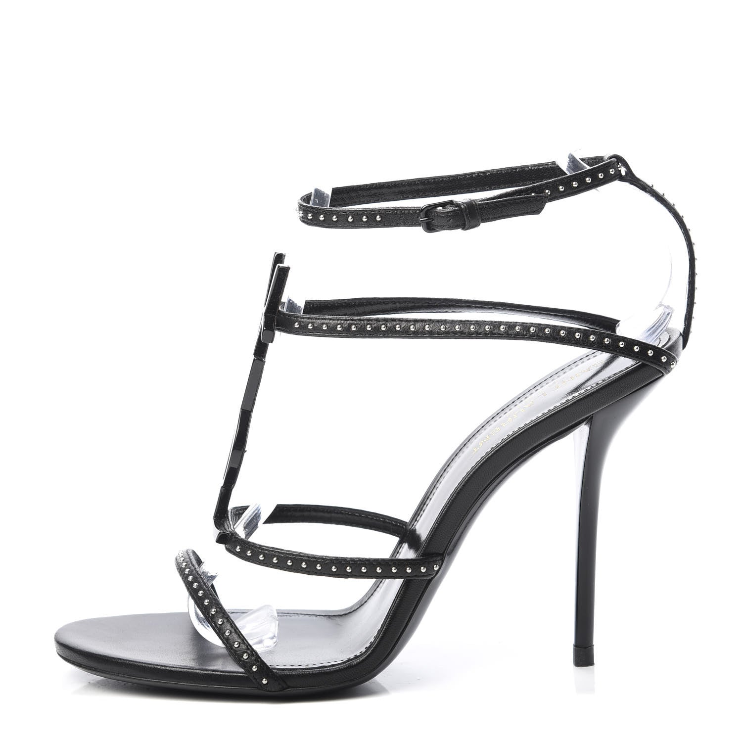 Saint Laurent Calfskin Cassandra Studded Palm Logo 110 Ankle Strap Sandals 39.5 Black 1 of 11