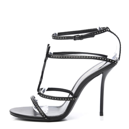 Saint Laurent Calfskin Cassandra Studded Palm Logo 110 Ankle Strap Sandals 39.5 Black 1 of 11