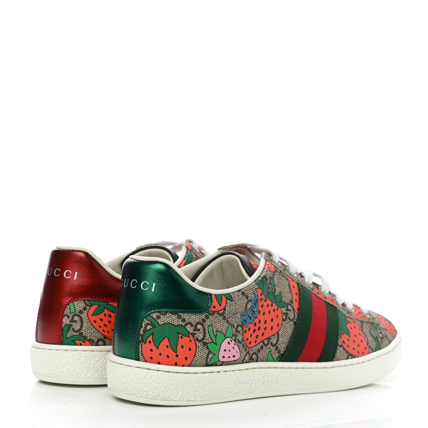Gucci GG Supreme Monogram Strawberry Web Womens Ace Sneakers 36.5 Beige Multicolor Red Green 4 of 9