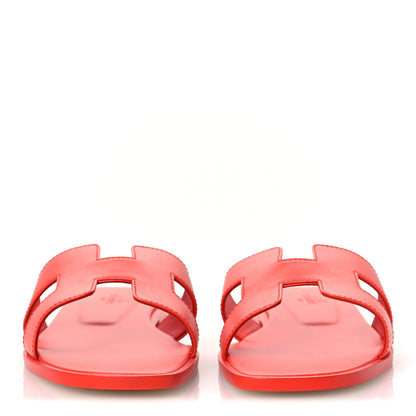 Hermes Box Calfskin Oran Sandals 37.5  Rose Vermillon 3 of 11