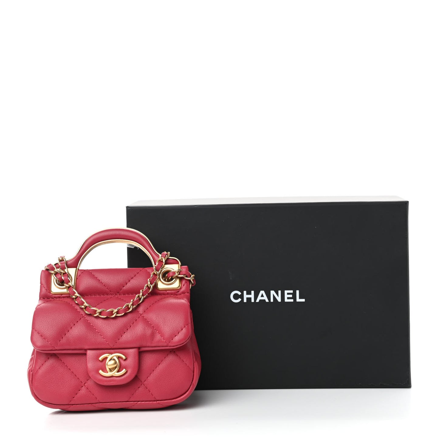 Calfskin Quilted Lady Handle Flap Card Holder With Chain Dark Pink