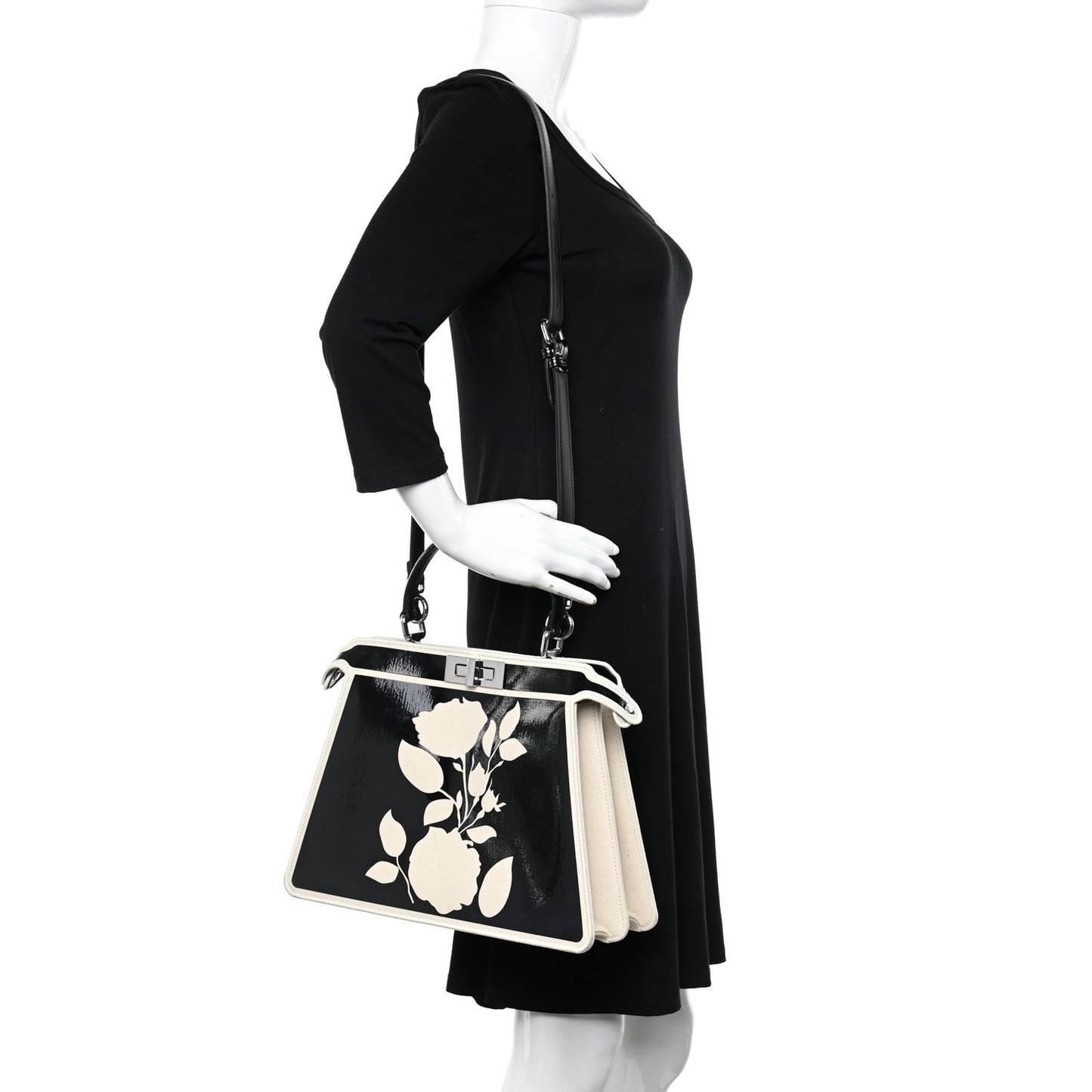 Canvas Spalmato Vernice Roses Medium Peekaboo I SEE U Satchel Black Grezzo