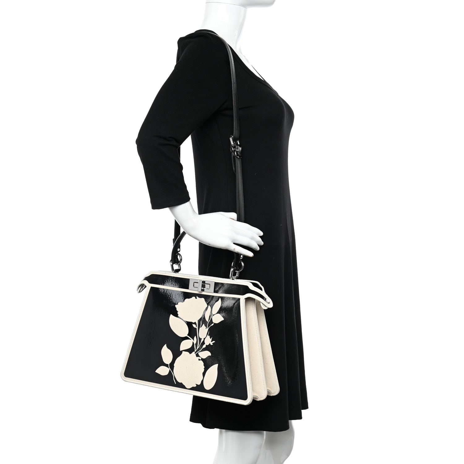 Fendi Canvas Spalmato Vernice Roses Medium Peekaboo I SEE U Satchel Black Grezzo 2 of 17