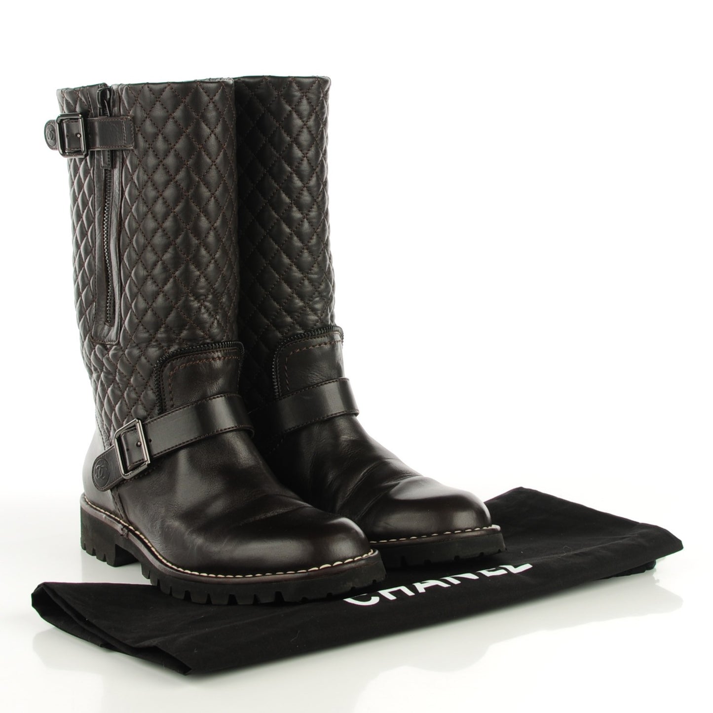 Calfskin Quilted Biker Boots 40 Dark Brown