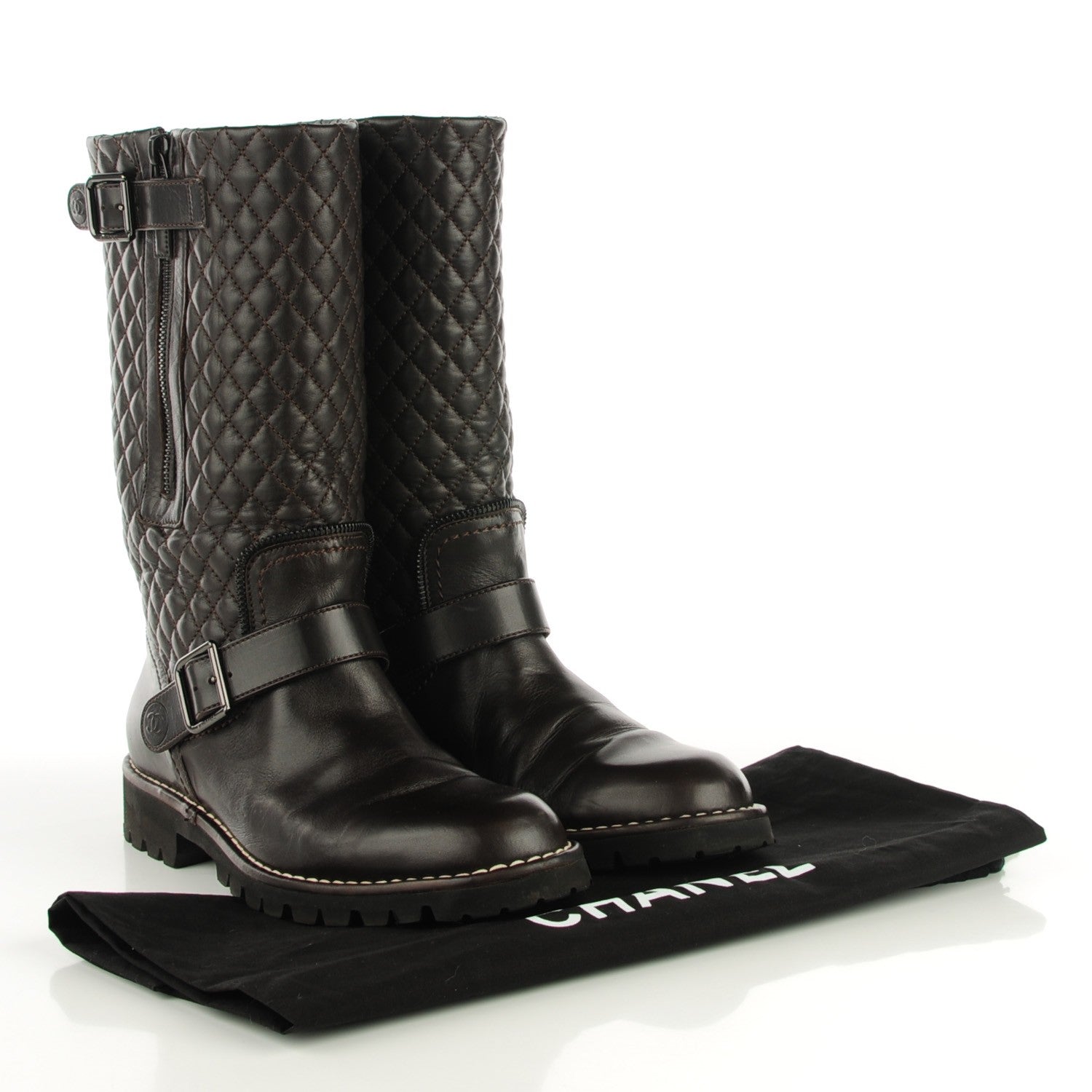Chanel Calfskin Quilted Biker Boots 40 Dark Brown 2 of 10