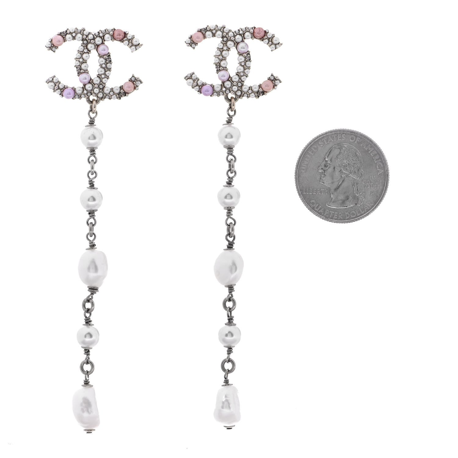Chanel Pearl Crystal CC Charms Dangle Earrings Light Gold Pink 2 of 4