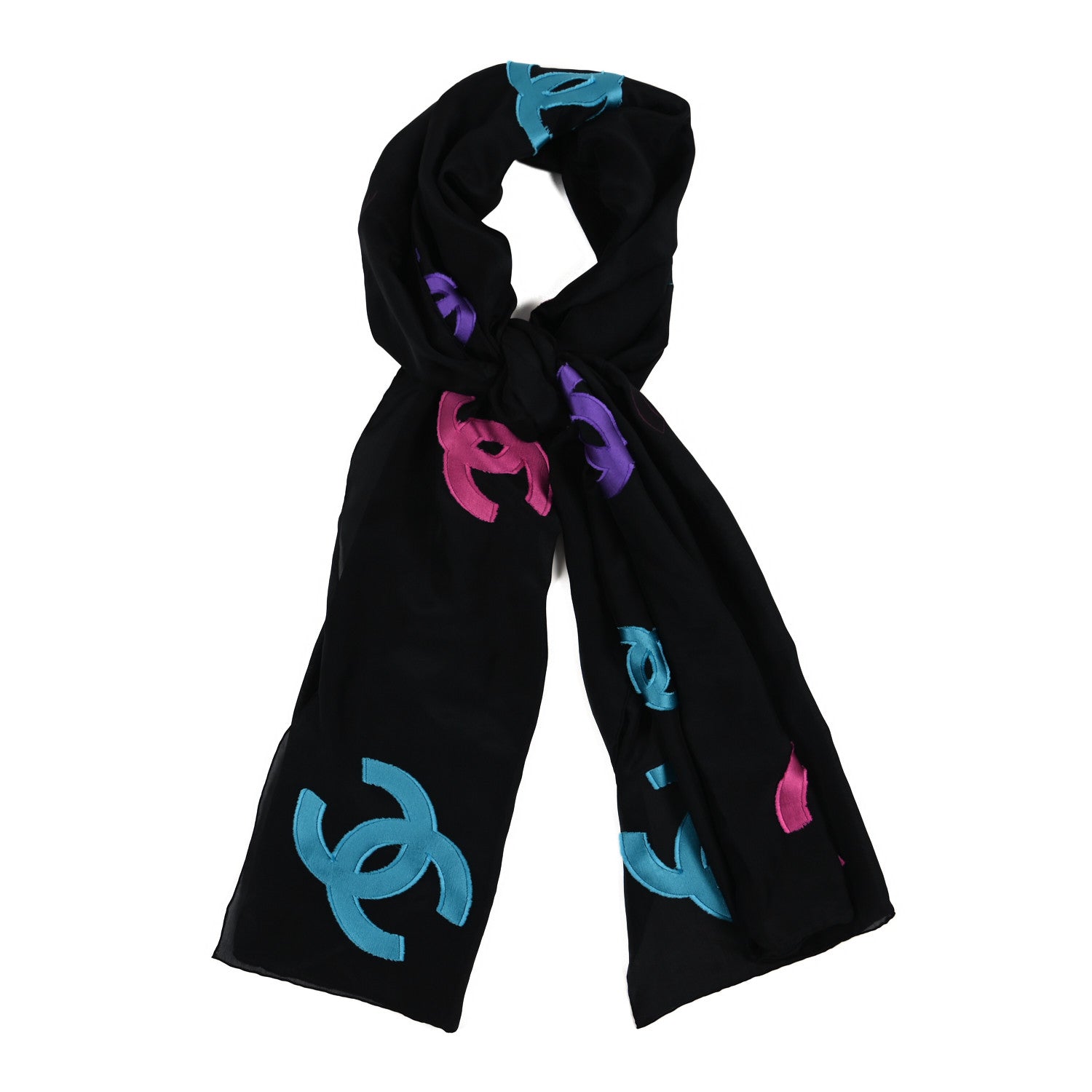 Chanel Silk CC Stole Black Turquoise Purple Fuschia 1 of 3