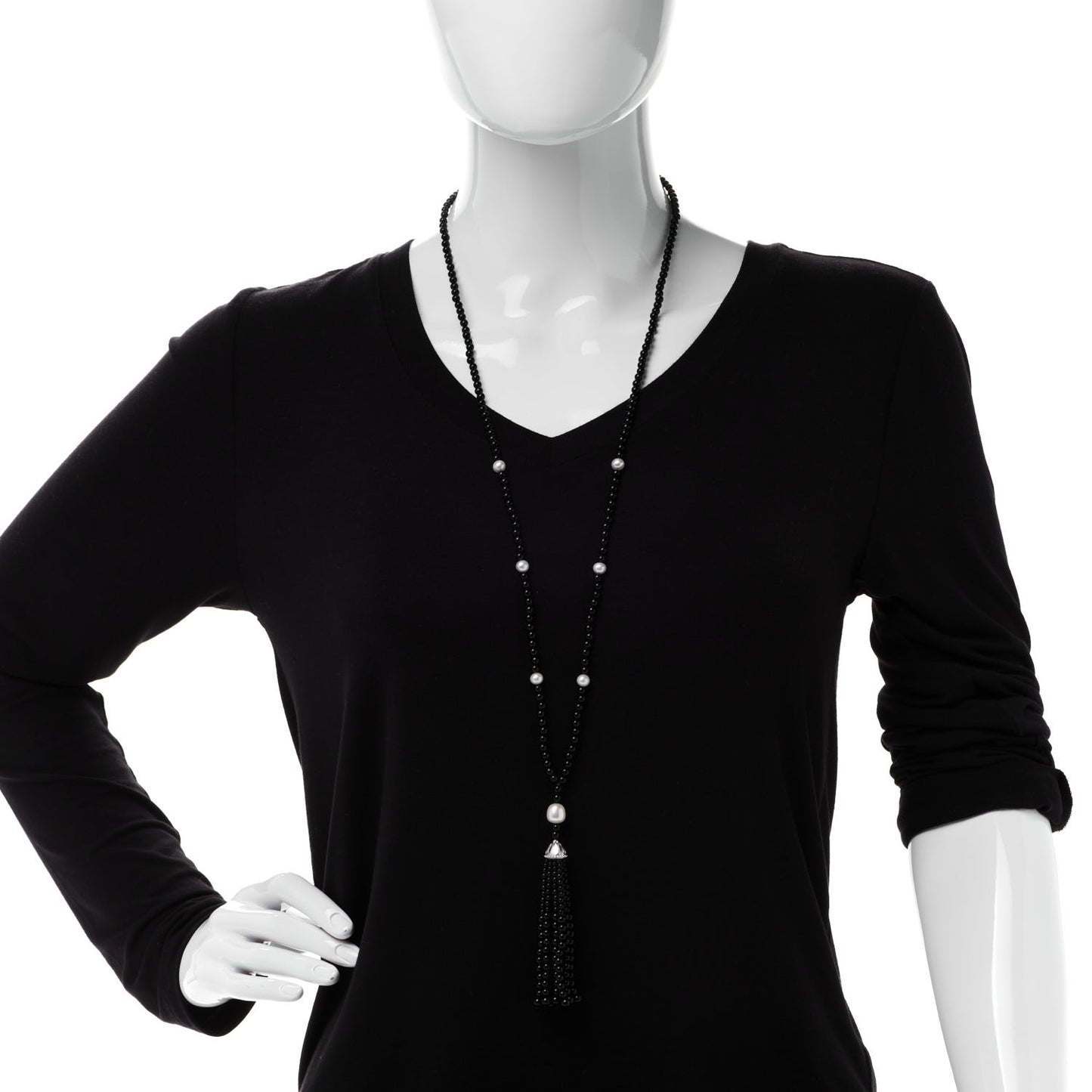 Sterling Silver Black Onyx Freshwater Pearl Ziegfeld Tassel Necklace