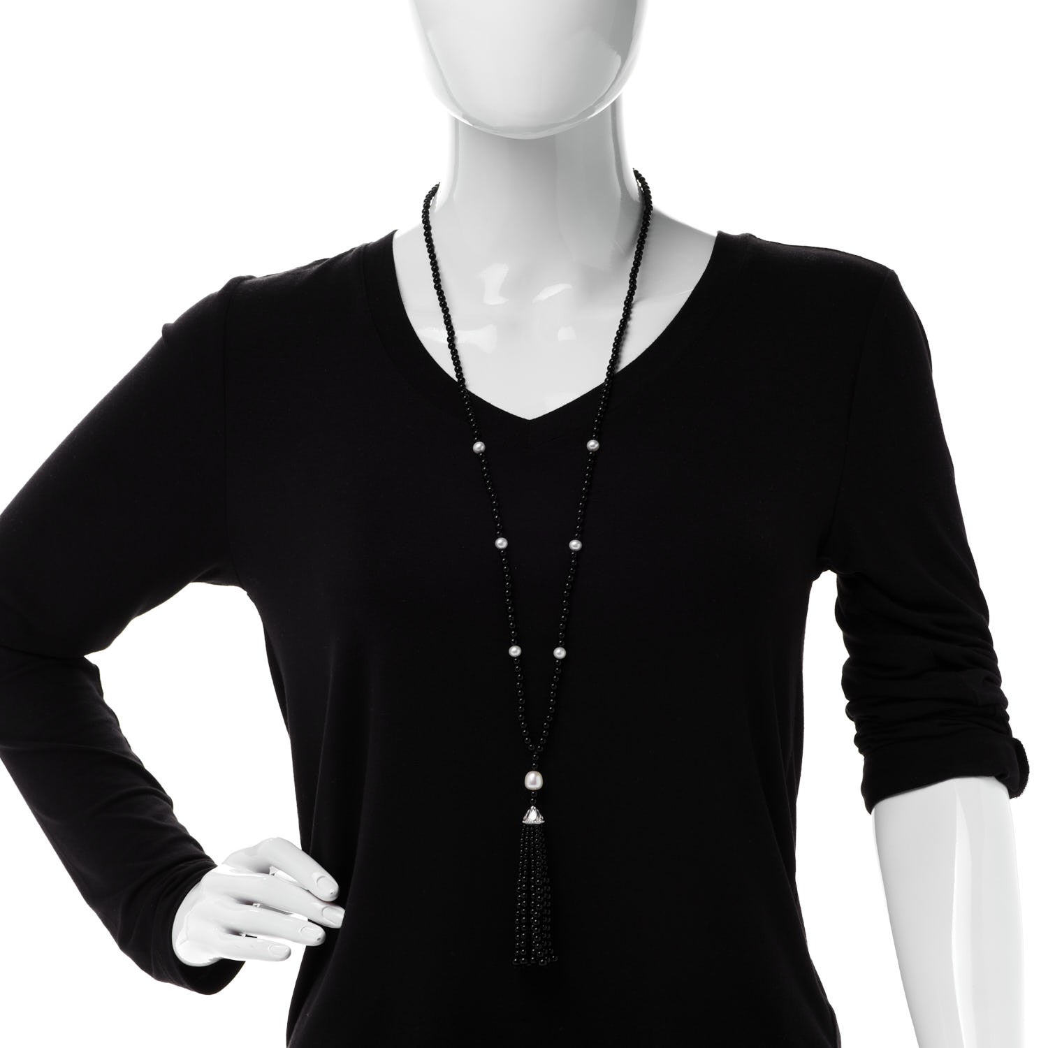 Tiffany Sterling Silver Black Onyx Freshwater Pearl Ziegfeld Tassel Necklace 2 of 6