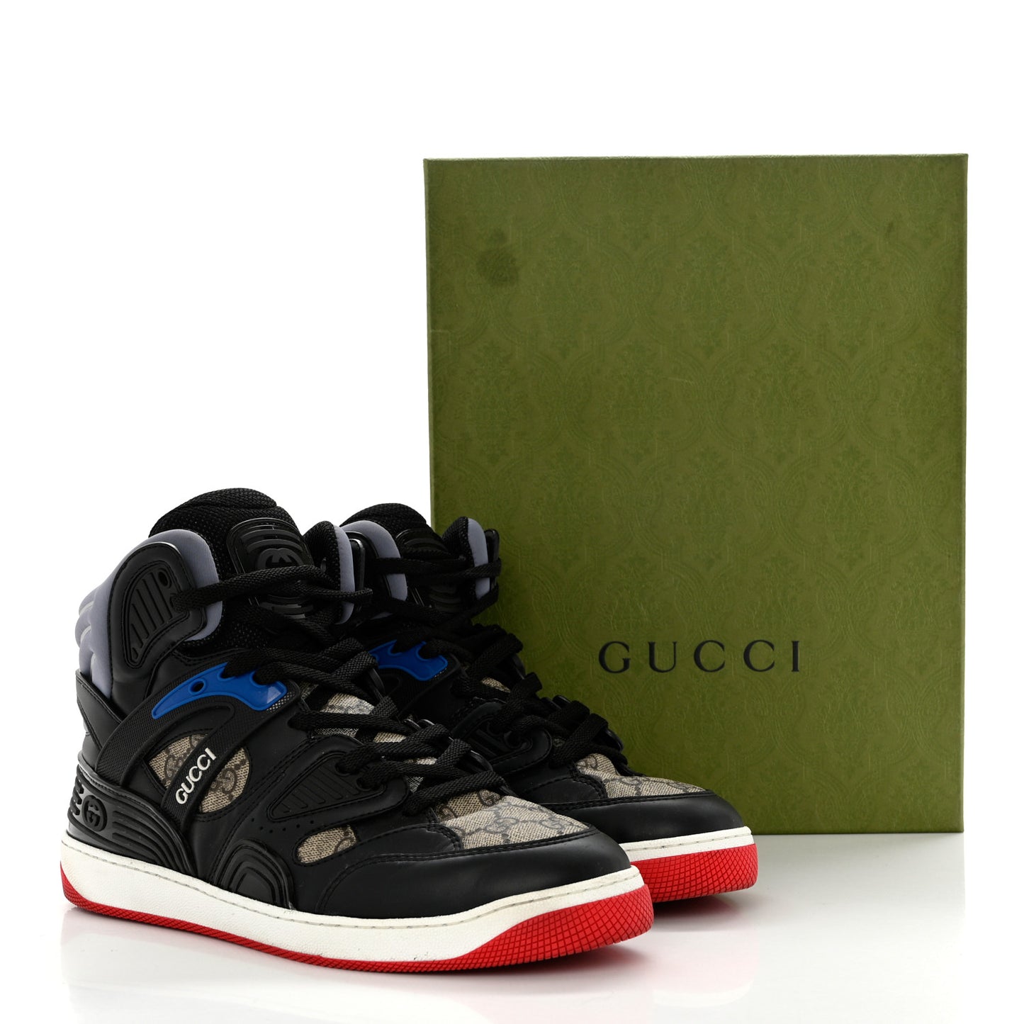 Demetra GG Supreme Monogram Mens Basket High Top Sneakers 10 Black Beige Ebony Grey