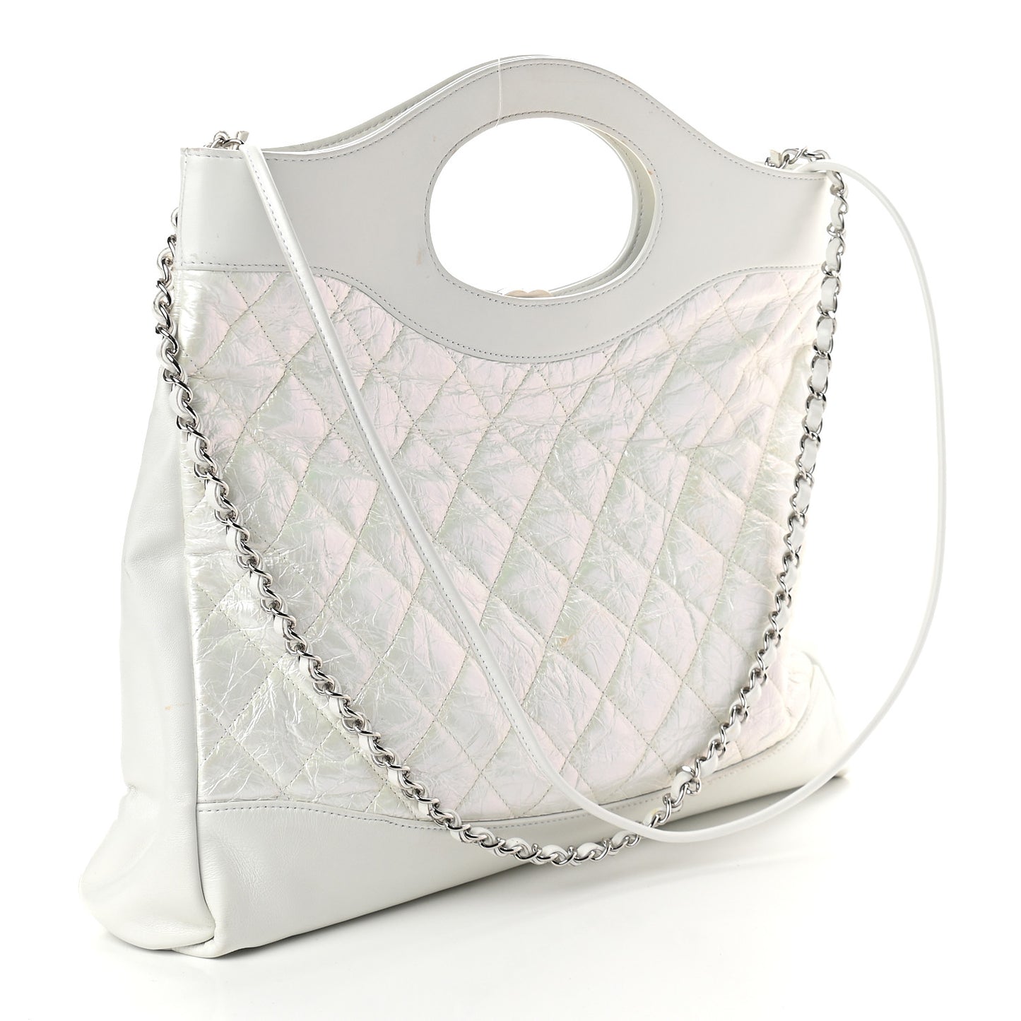 Crumpled Calfskin Quilted Large 31 Shopping Bag White