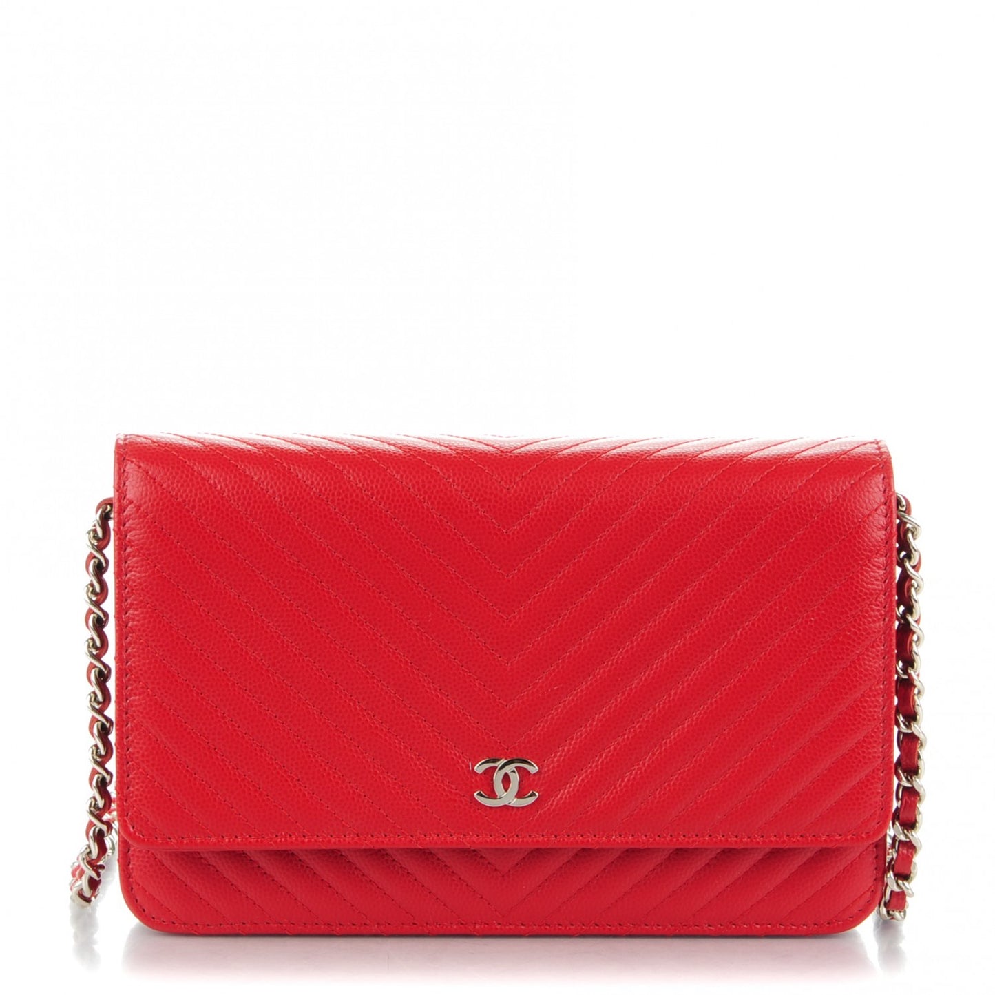Caviar Chevron Quilted Wallet On Chain WOC Red