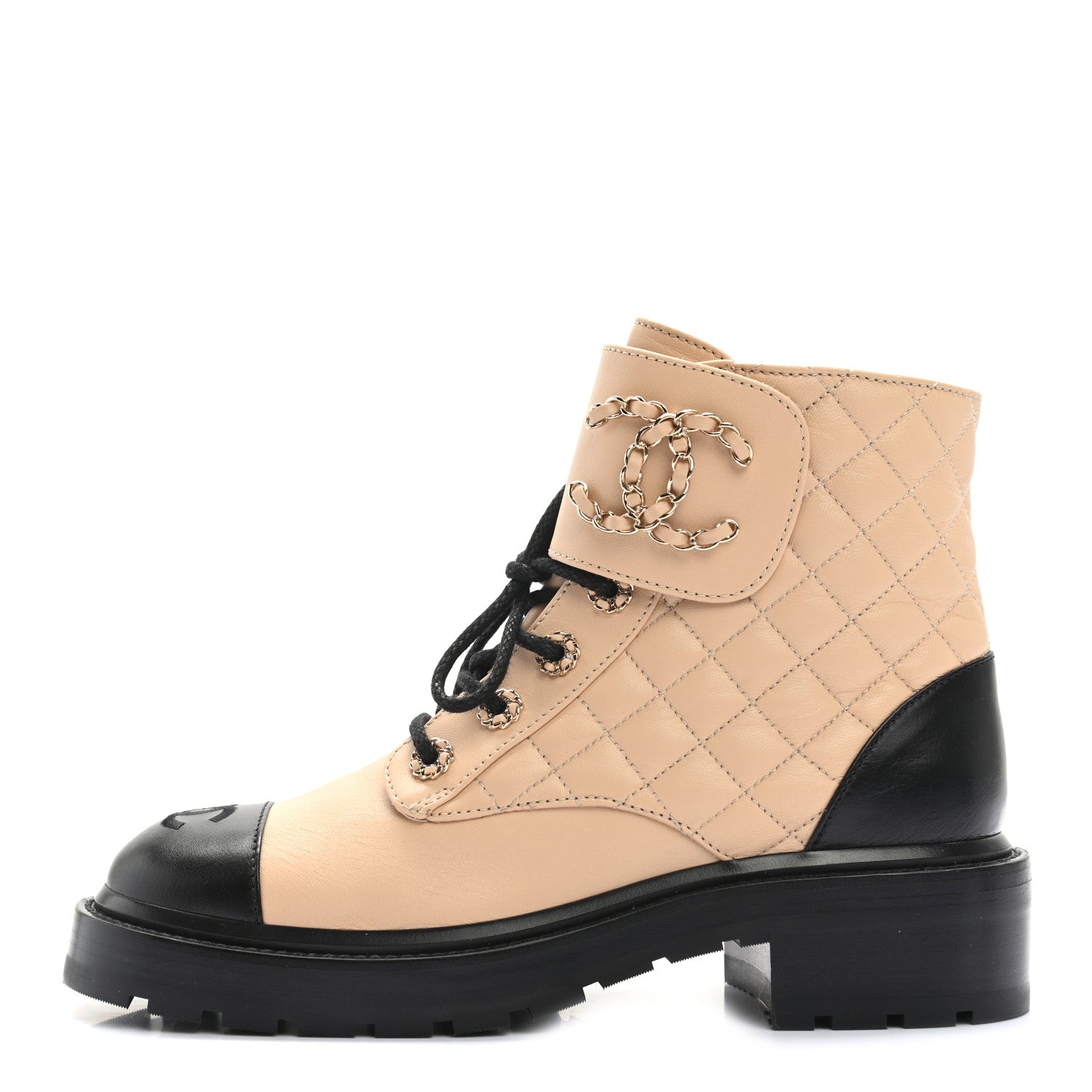 Chanel Calfskin Quilted Lace Up Combat Boots 37.5 Beige Black 1 of 8