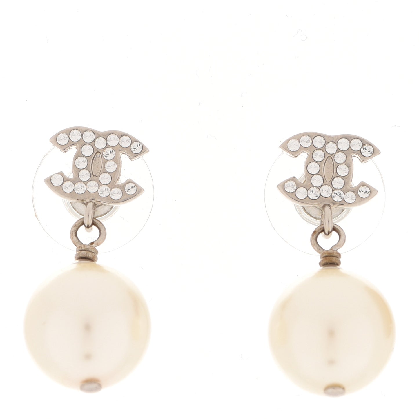 Crystal Pearl CC Drop Earrings Silver Pearly White