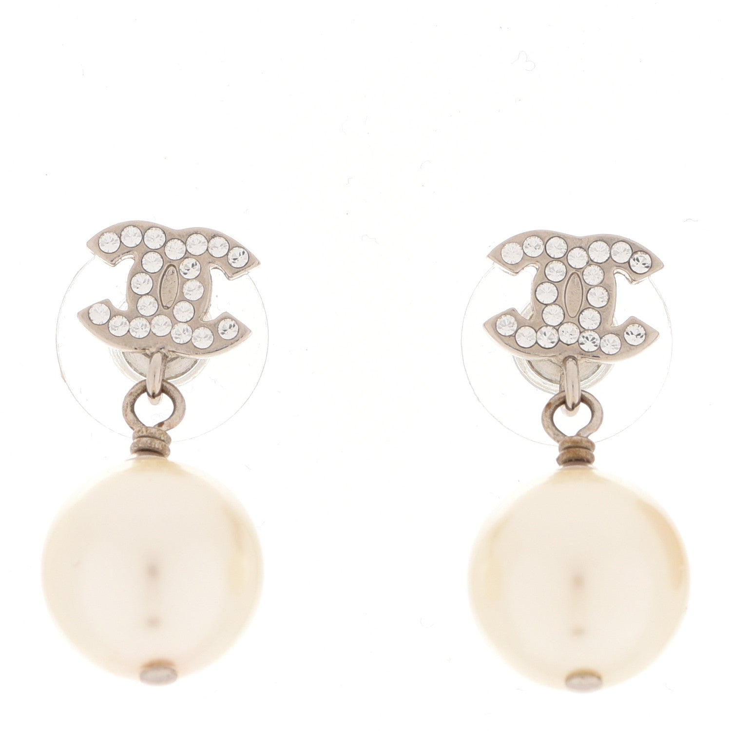 Chanel Crystal Pearl CC Drop Earrings Silver Pearly White 1 of 5