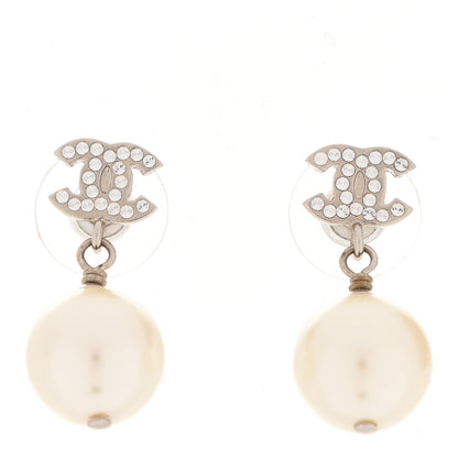 Chanel Crystal Pearl CC Drop Earrings Silver Pearly White 1 of 5