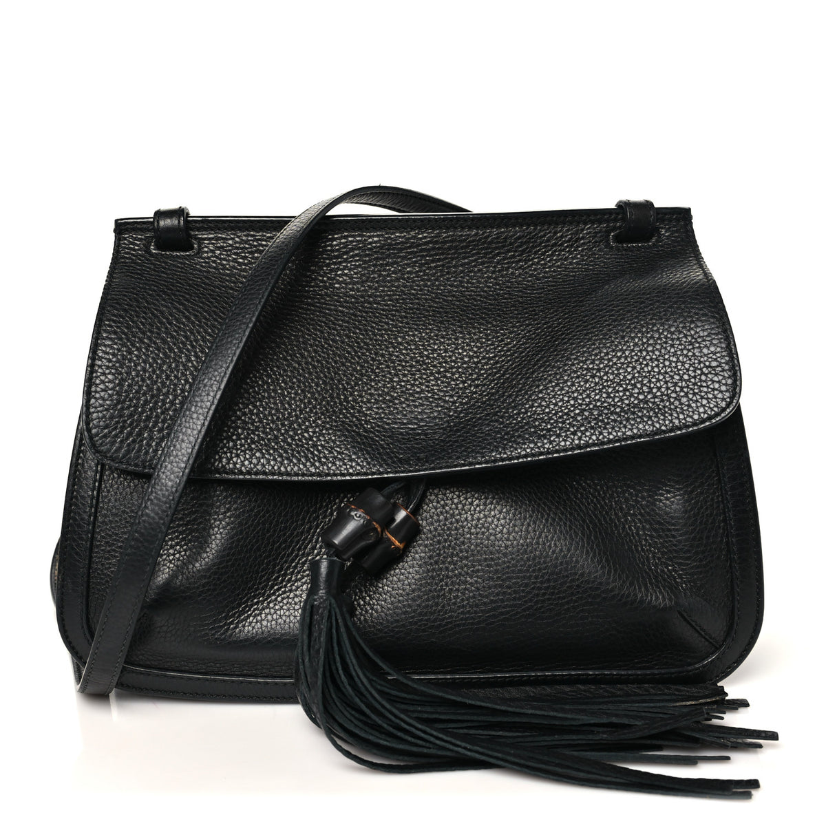 Gucci Pebbled Calfskin Medium Bamboo Daily Flap Shoulder Bag Black 1 of 12