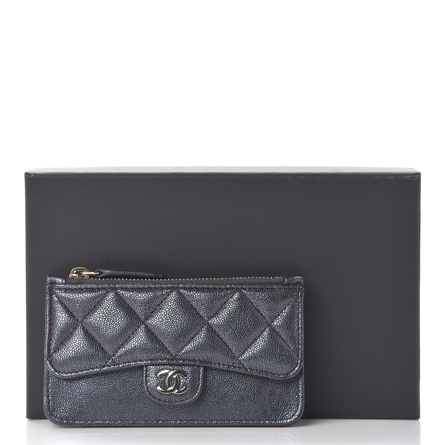 Iridescent Caviar Quilted Flap Zip Card Holder Black