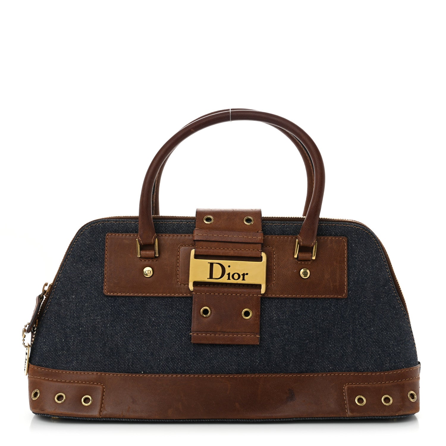 Christian Dior Denim Calfskin Street Chic Top Handle Bag Blue Brown 1 of 16