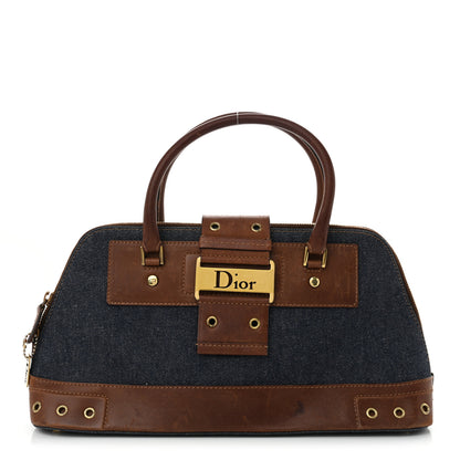 Christian Dior Denim Calfskin Street Chic Top Handle Bag Blue Brown 1 of 16