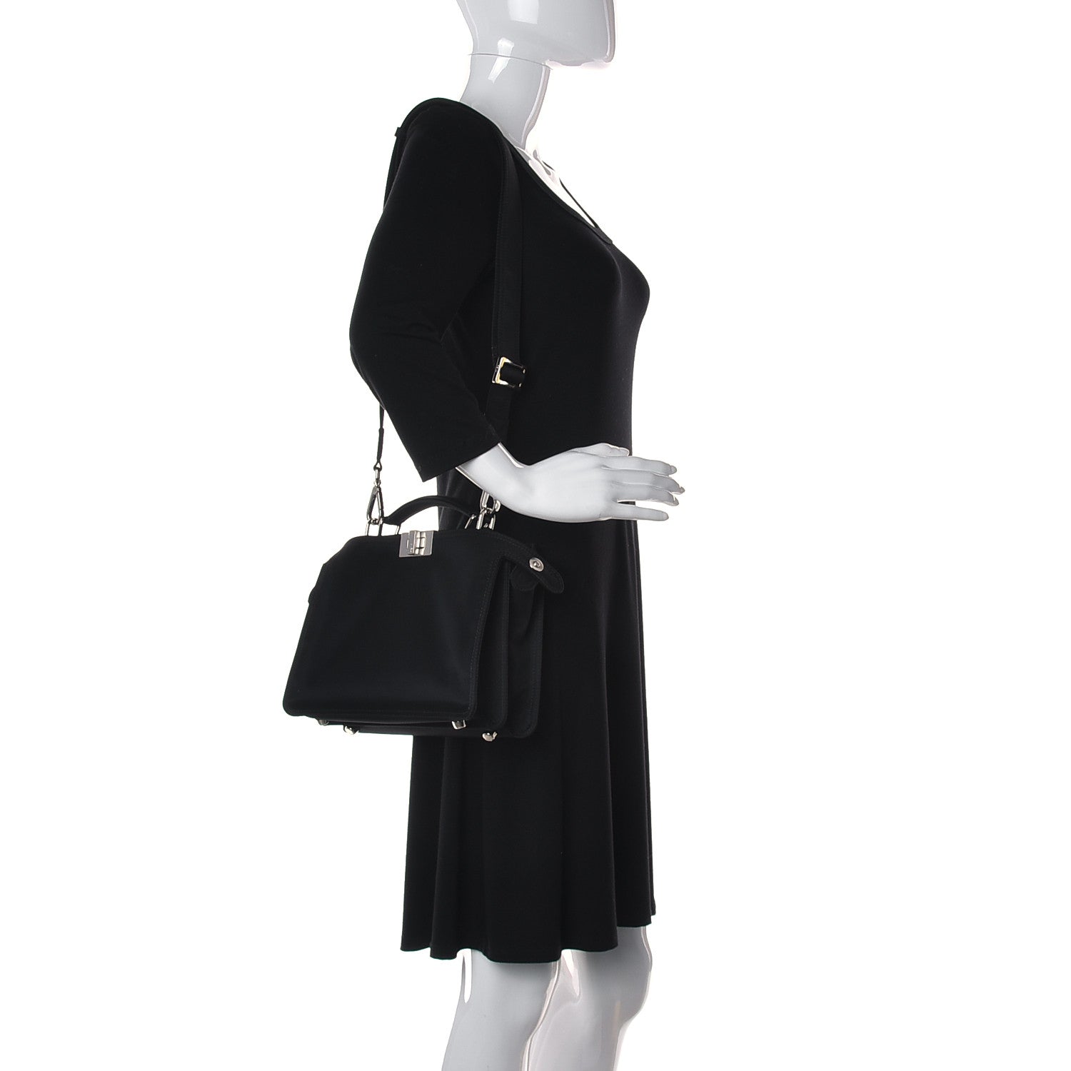 Fendi Nylon Vitello Cover Logo Embossed Mini Peekaboo I SEE U Satchel Black White 2 of 12