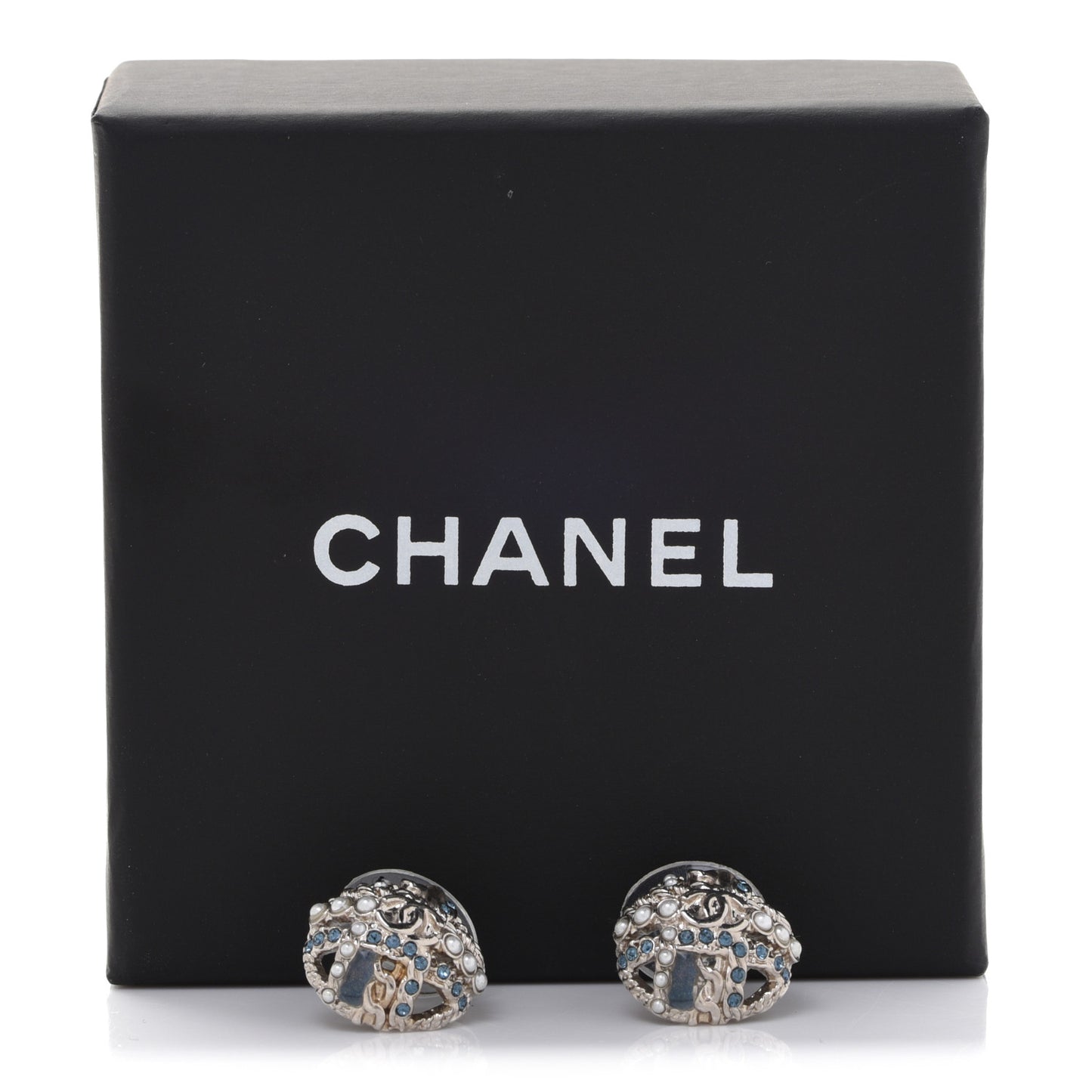 Crystal Pearl CC Round Earrings Gold Blue