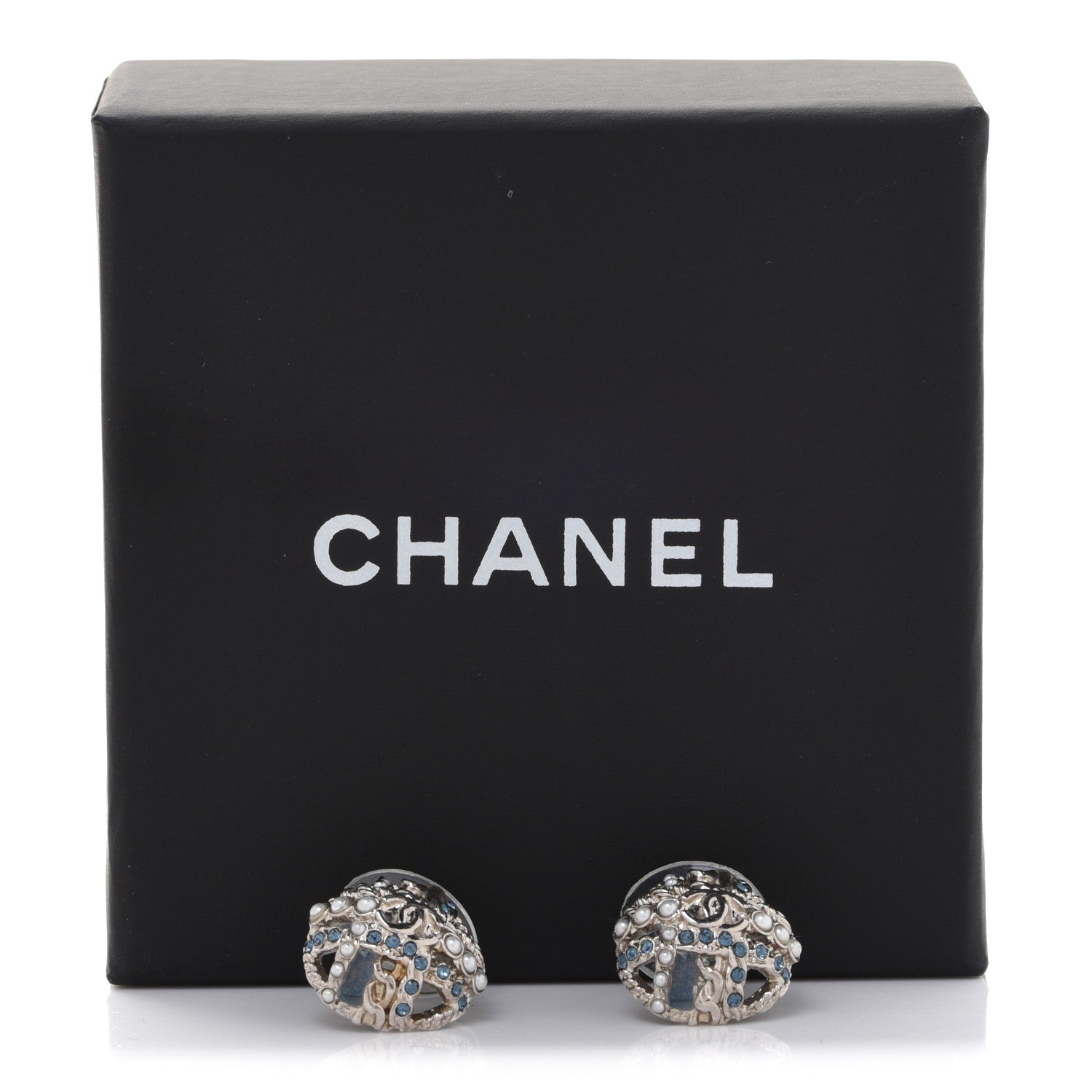 Chanel Crystal Pearl CC Round Earrings Gold Blue 5 of 5