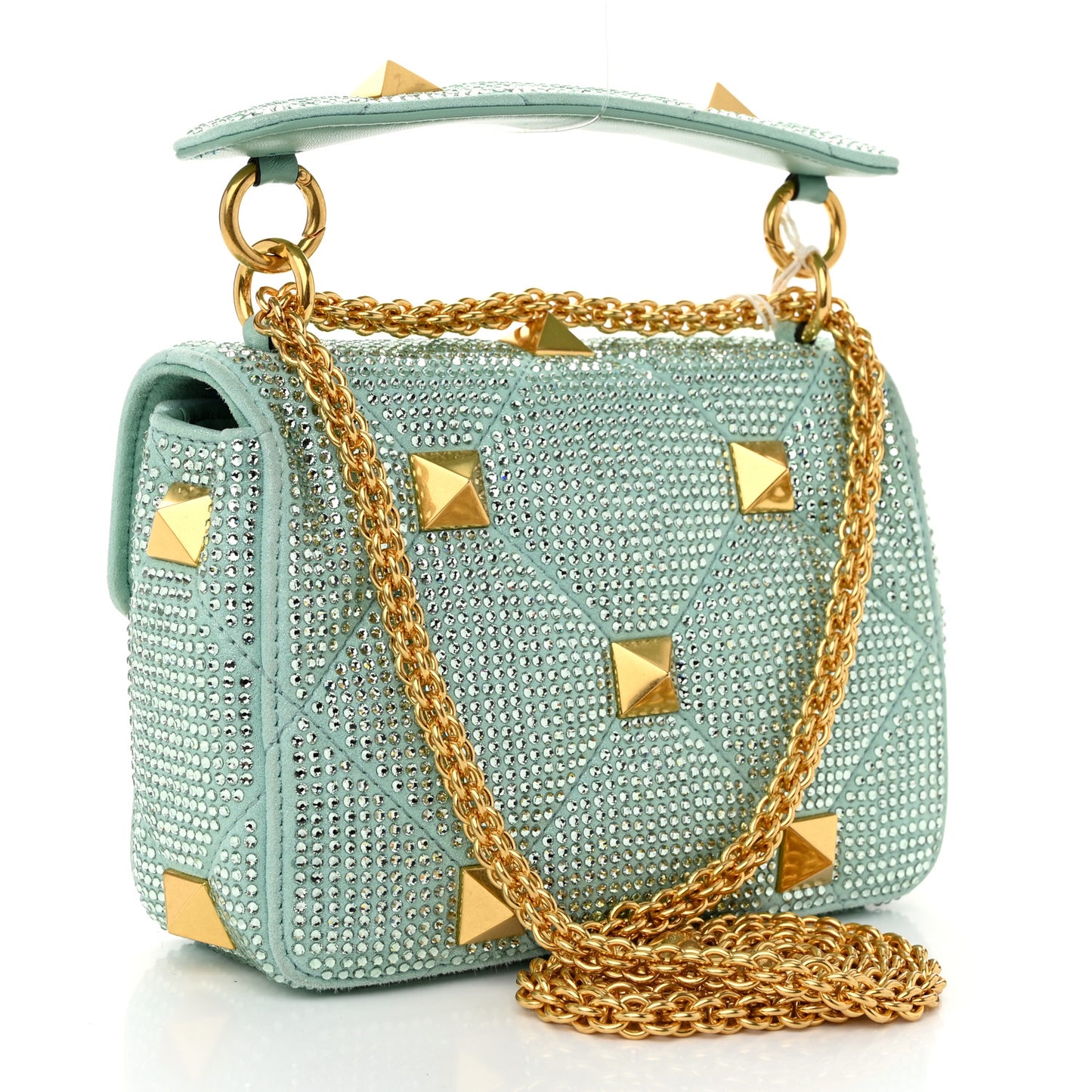 Crystal Suede Small Roman Stud Shoulder Bag Green