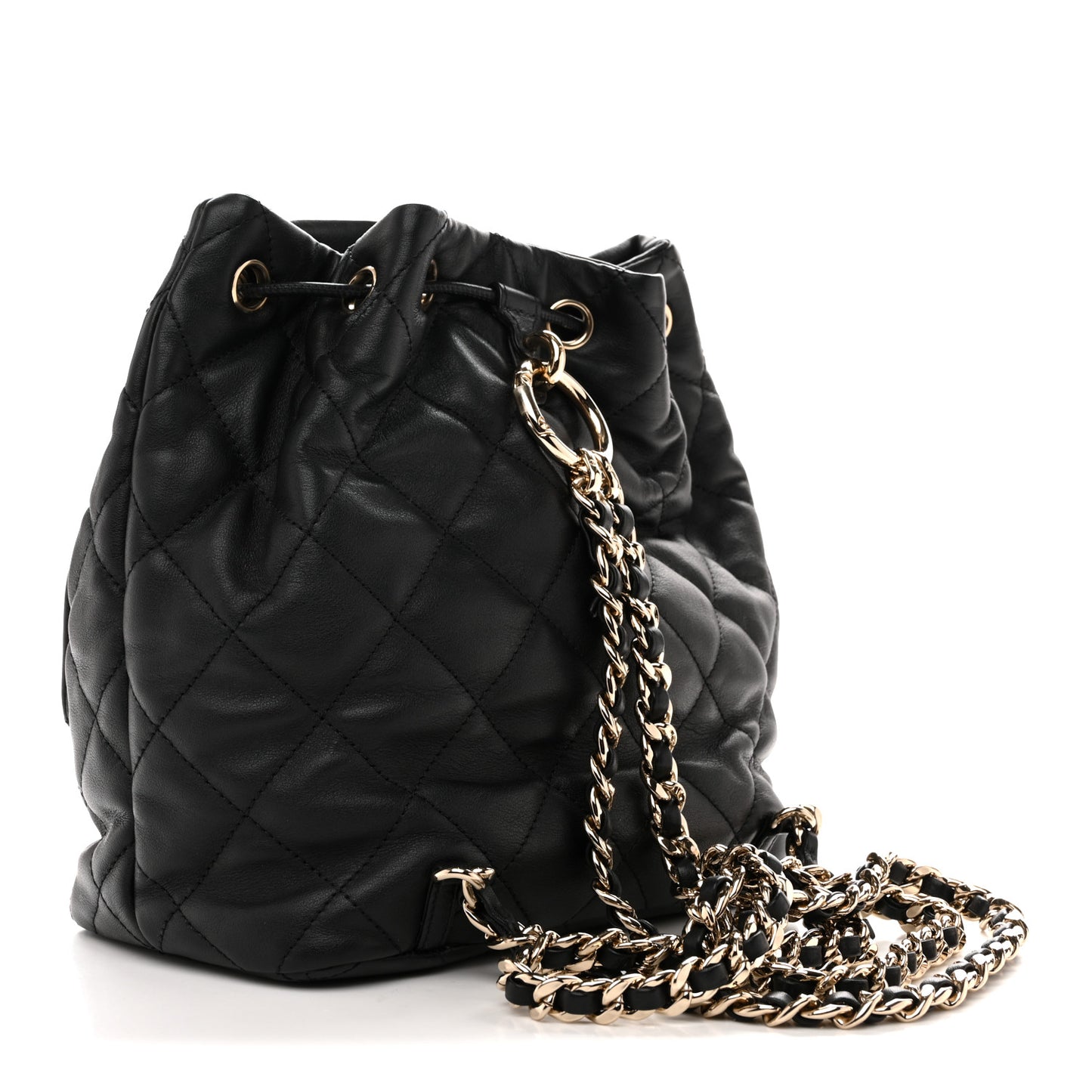Lambskin Quilted Double Pocket Drawstring Backpack Black