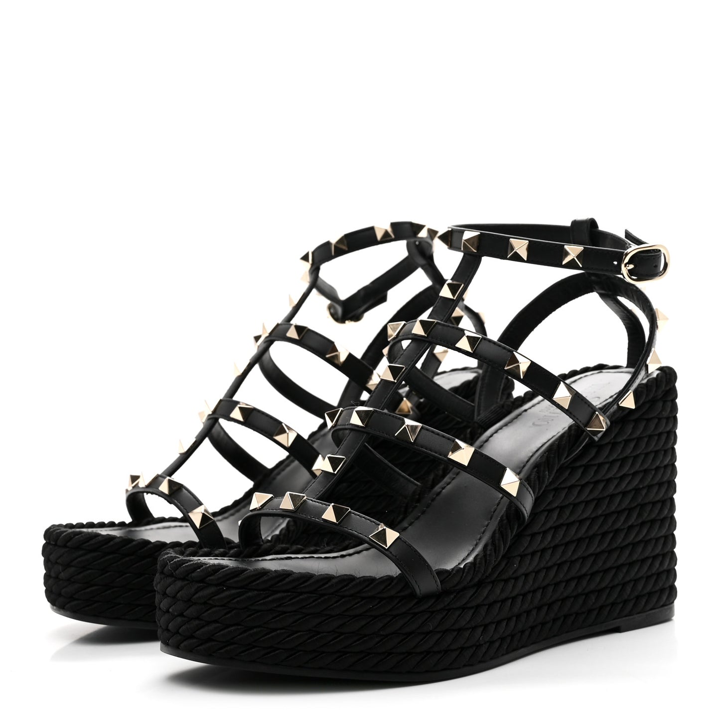 Calfskin Rockstud Ankle Strap Torchon Espadrille Caged 25/95mm Wedge Sandals 37 Black
