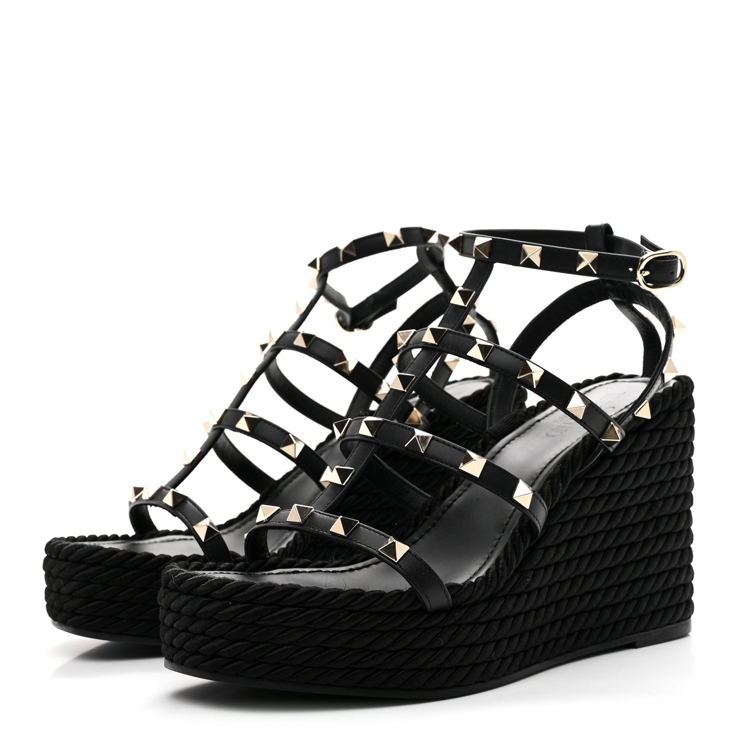 Valentino Garavani Calfskin Rockstud Ankle Strap Torchon Espadrille Caged 25/95mm Wedge Sandals 37 Black 4 of 9