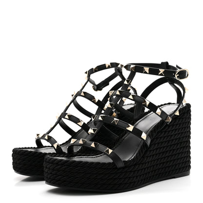Valentino Garavani Calfskin Rockstud Ankle Strap Torchon Espadrille Caged 25/95mm Wedge Sandals 37 Black 4 of 9
