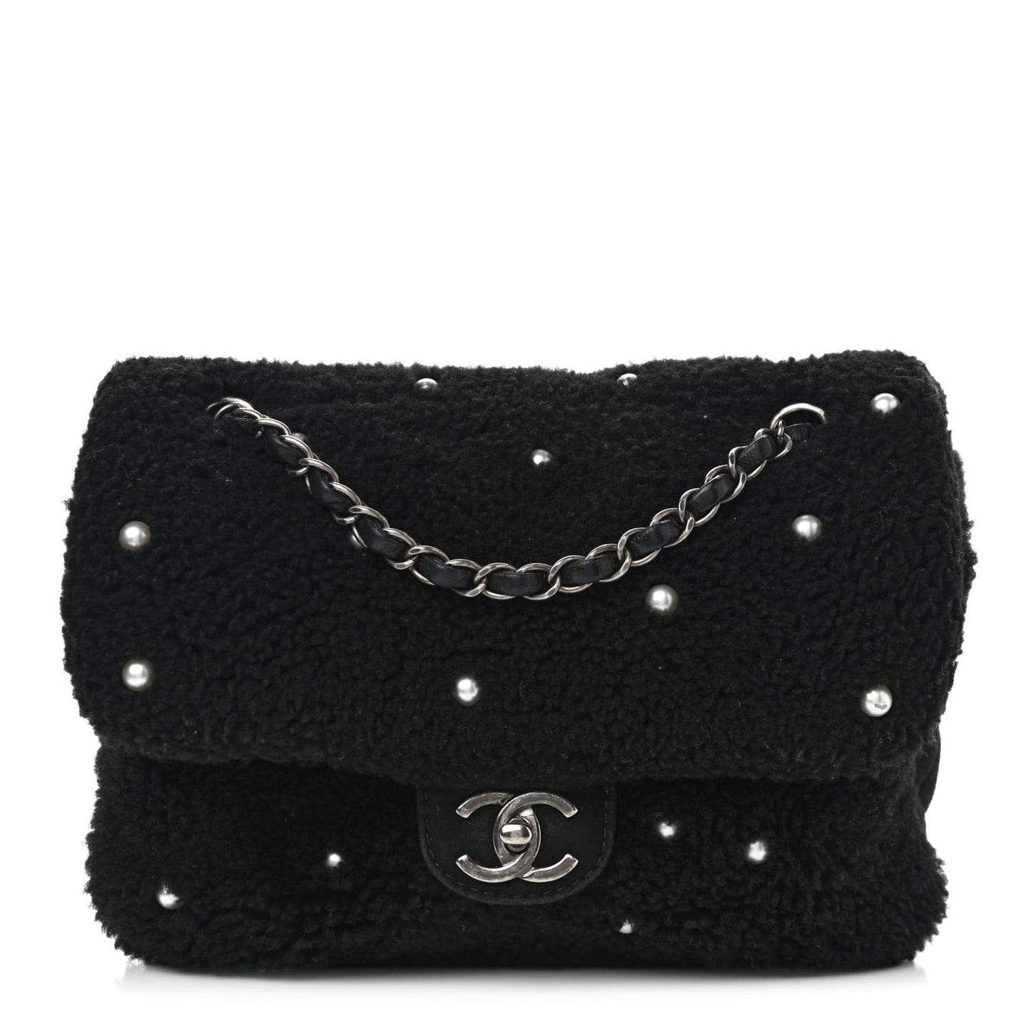 Shearling Lambskin Pearl Flap Black