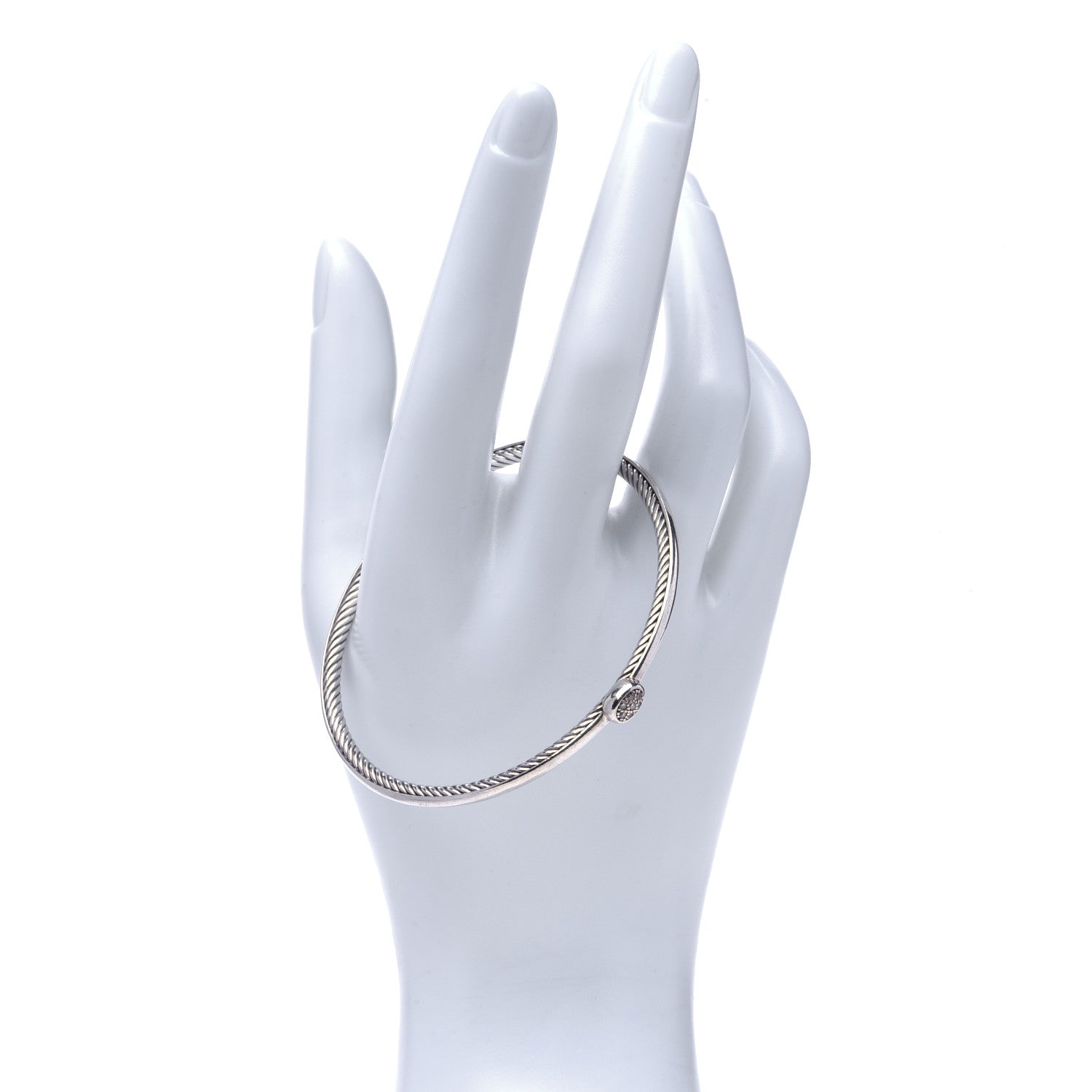 David Yurman Sterling Silver Pave Diamond 3mm Cable Wire Oval Bangle 2 of 5