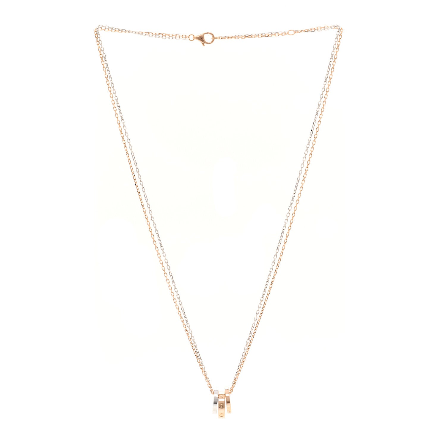 Cartier 18K White Pink Gold Diamond Three Ring LOVE Necklace 3 of 4