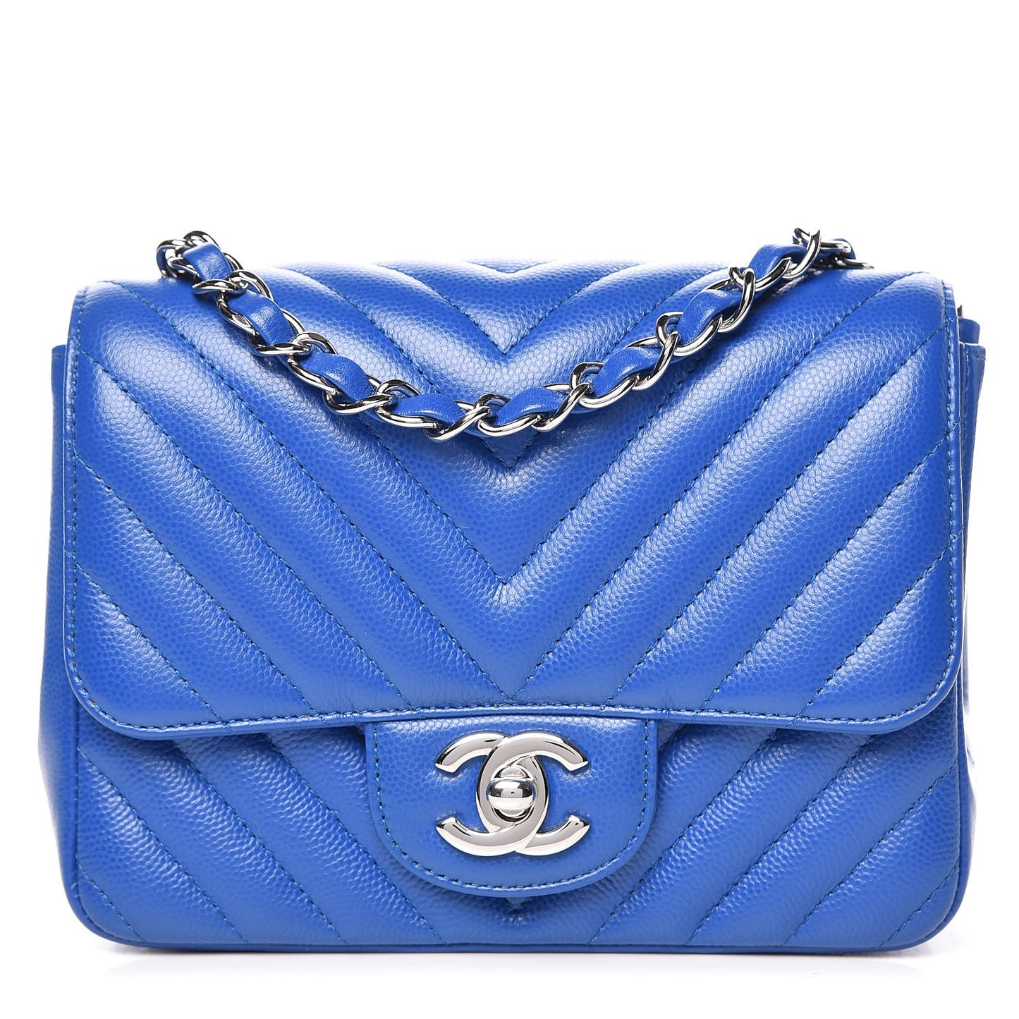 Caviar Chevron Quilted Mini Square Flap Blue