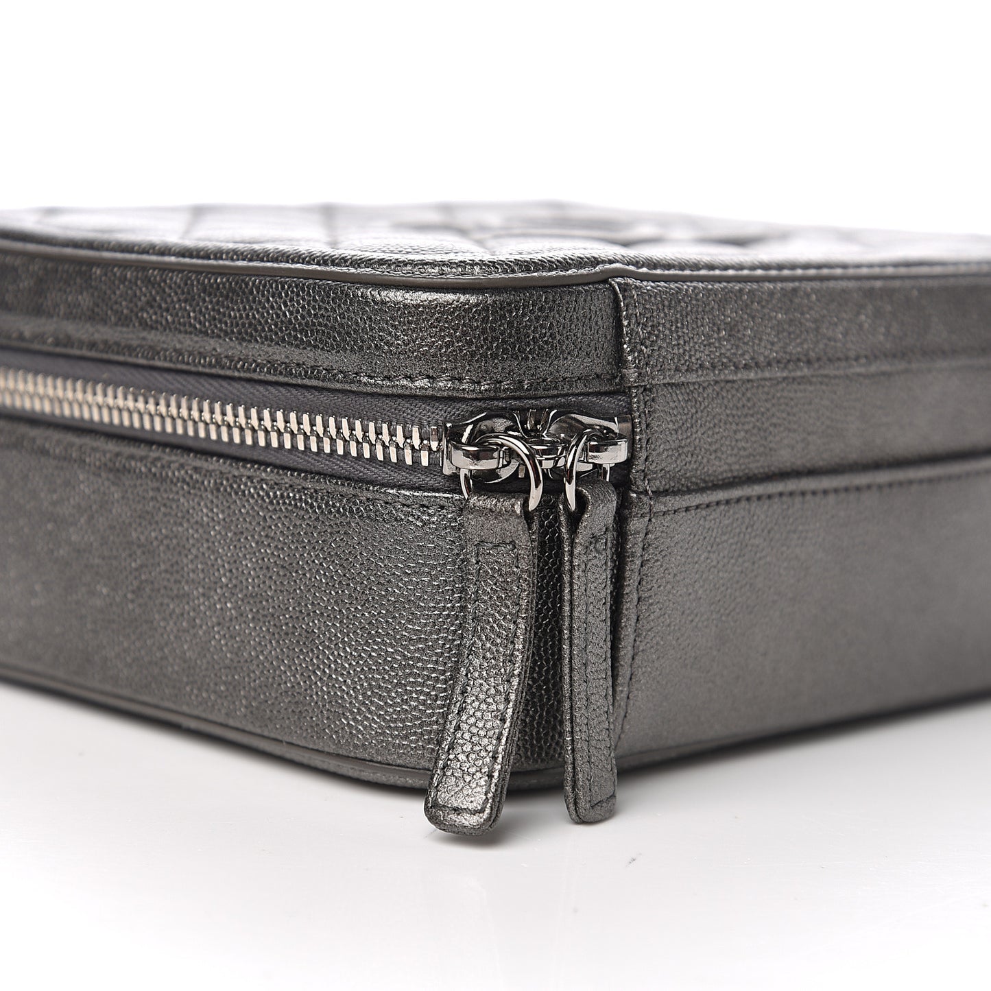Metallic Caviar Quilted Medium CC Filigree Vanity Case Dark Silver