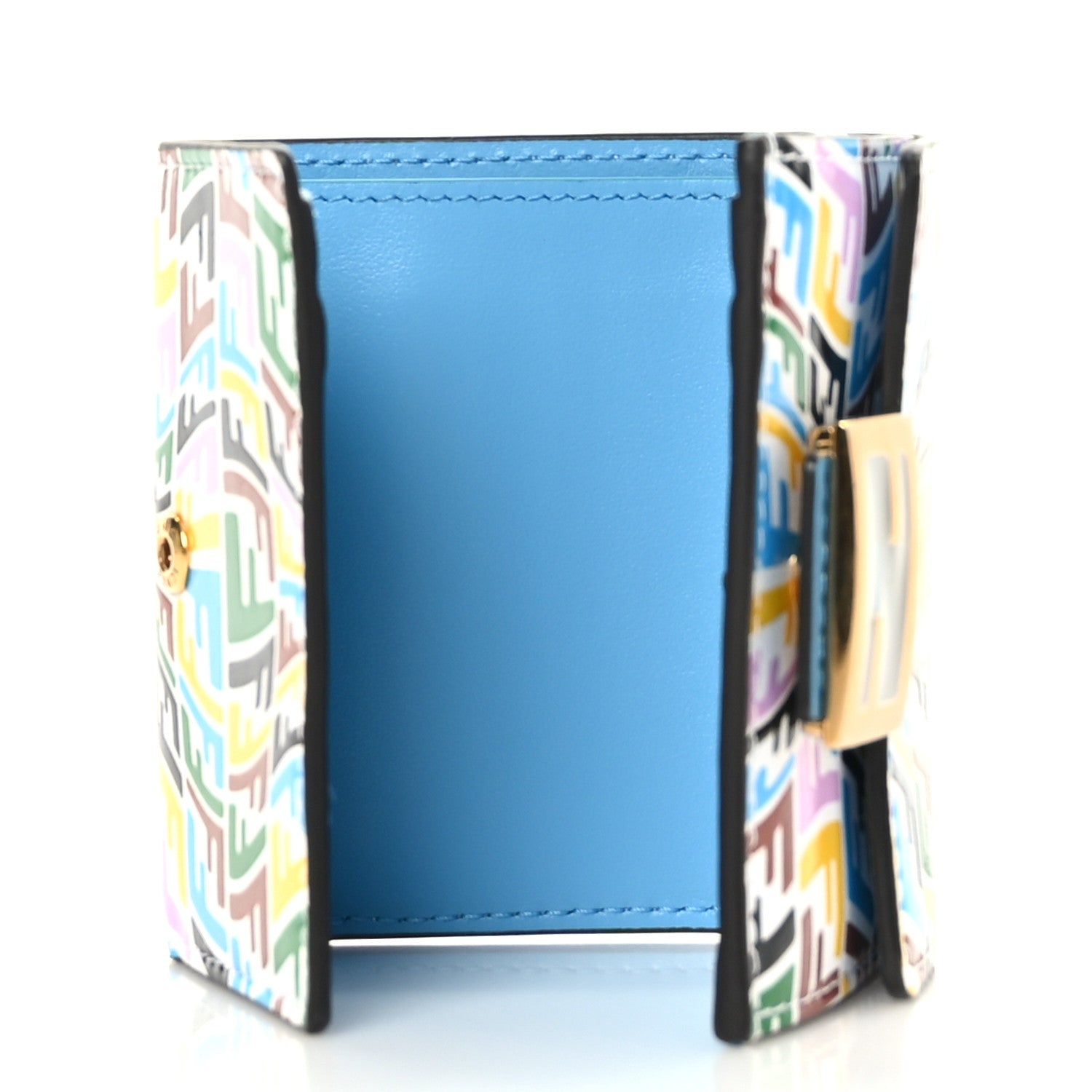 Fendi X SARAH COLEMAN Vitello Liberty Ceylon Micro FF Fish Eye Embossed Tri-Fold Wallet Multicolor Cyber Blue 5 of 9