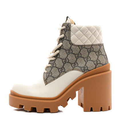 Gucci Calfskin GG Supreme Monogram Nappa Quilted Lace Up Ankle Boots 35.5 Mystic White Beige 1 of 9