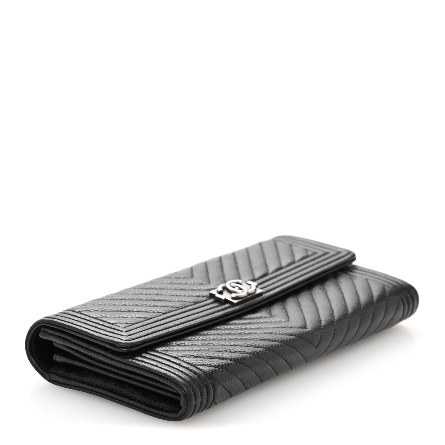 Caviar Chevron Quilted Boy Flap Wallet Black